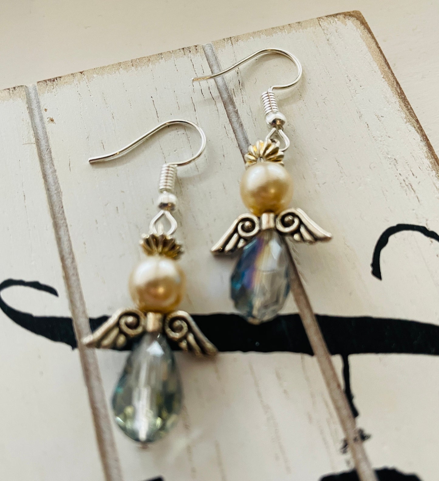 Angel blue & pearl beaded earrings.