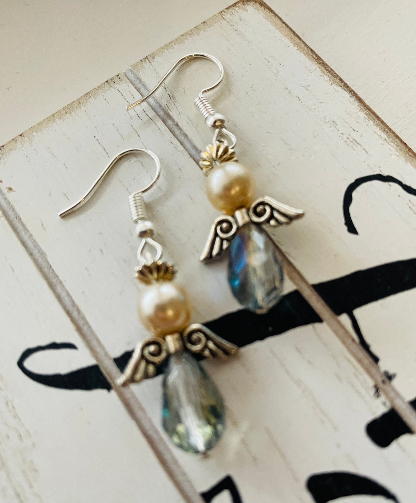 Angel blue & pearl beaded earrings.