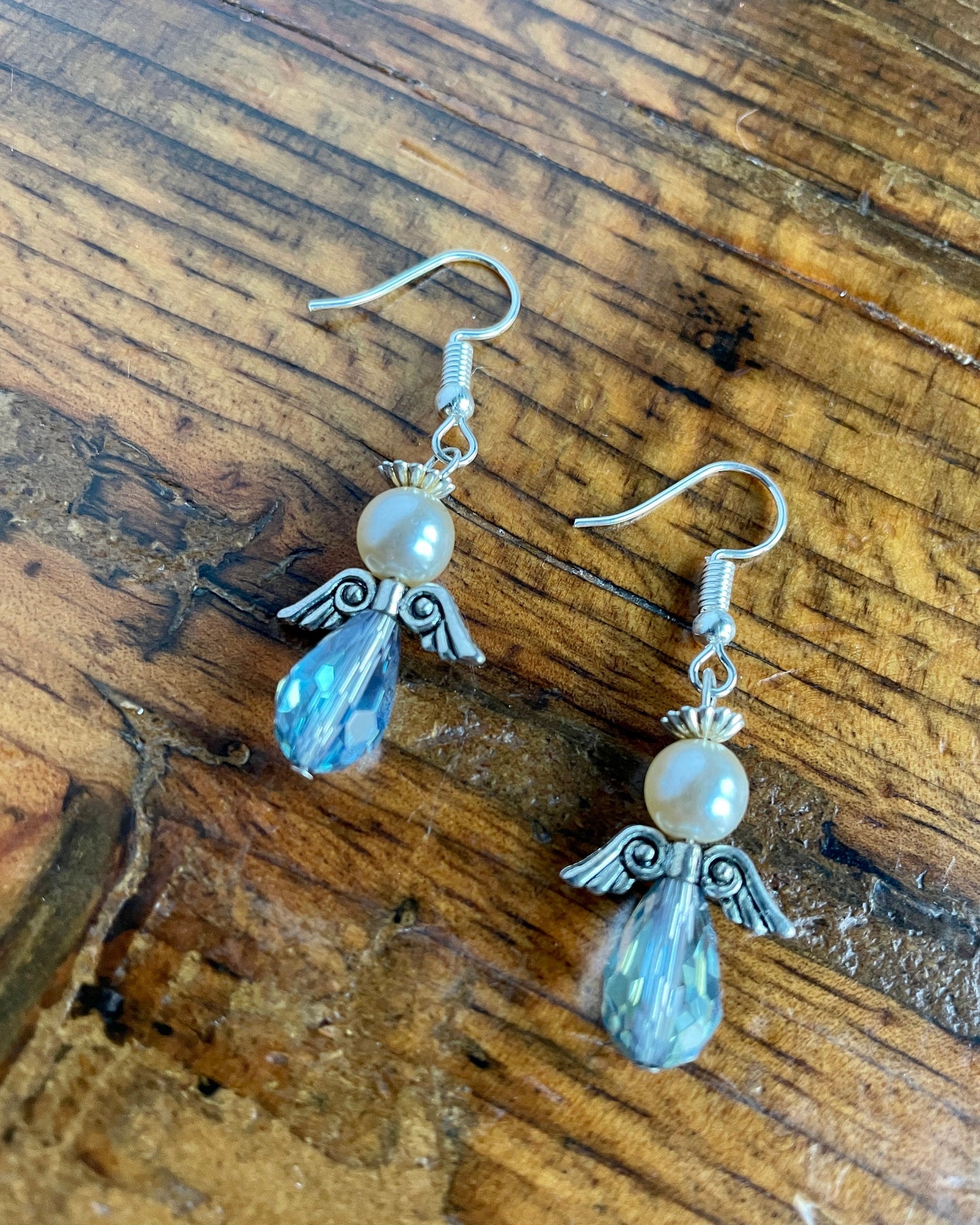 Angel blue & pearl beaded earrings.