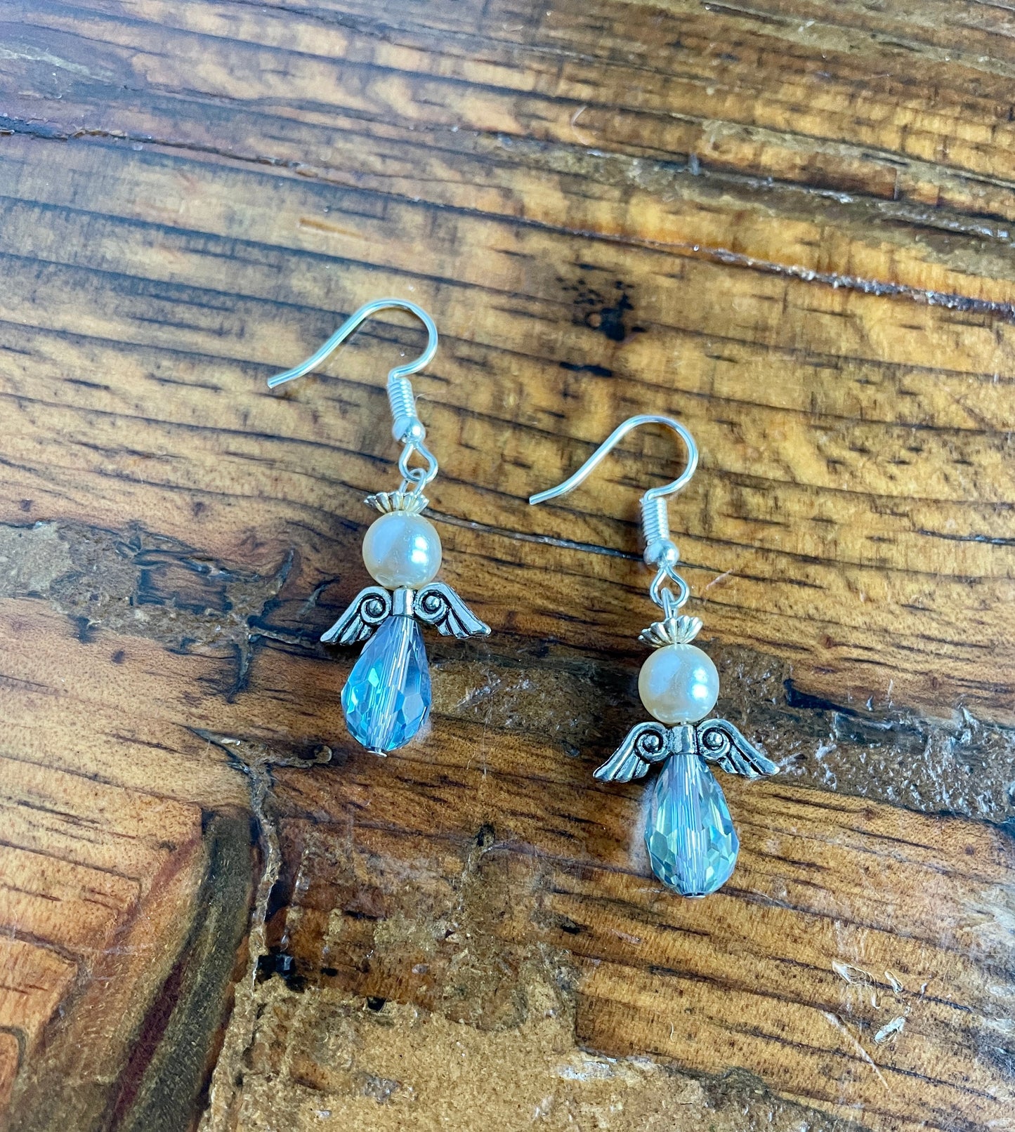 Angel blue & pearl beaded earrings.