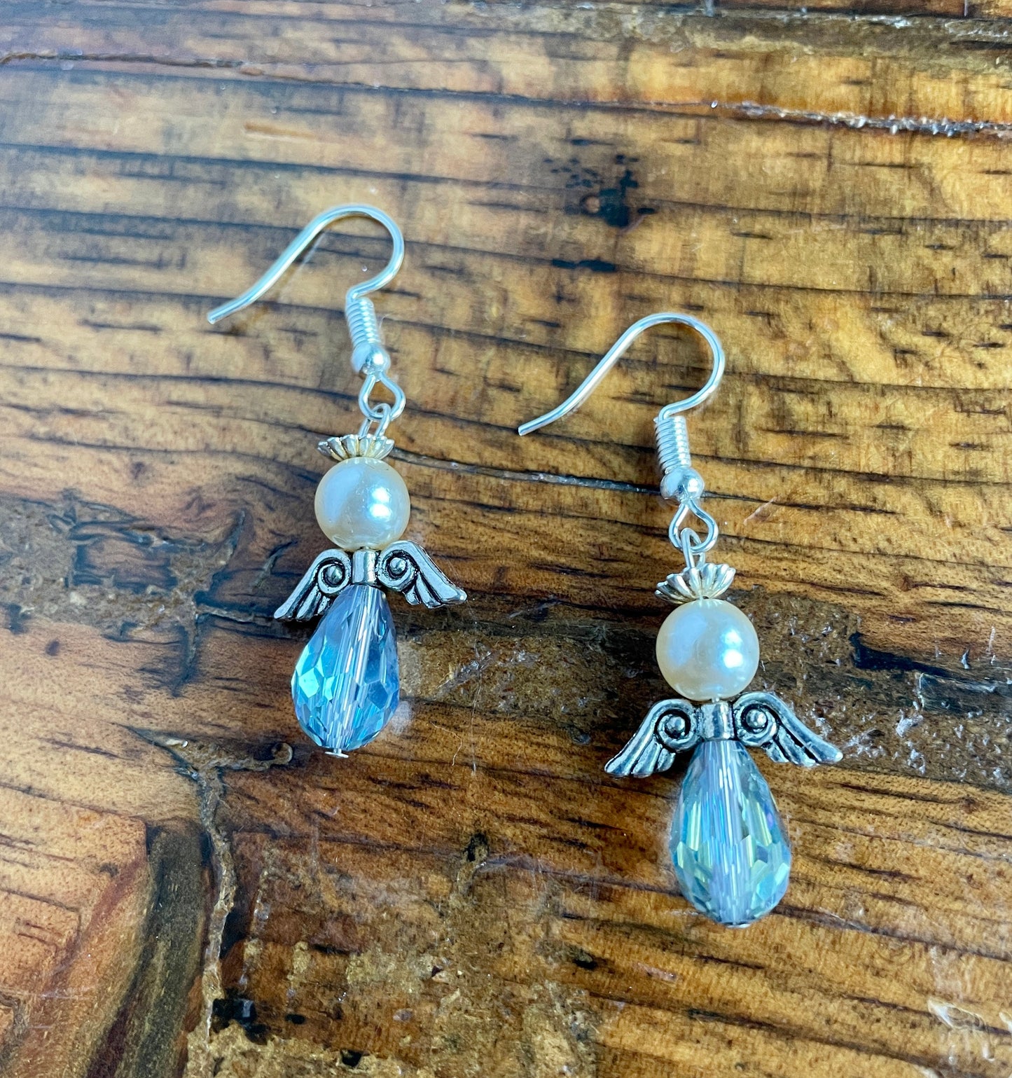 Angel blue & pearl beaded earrings.