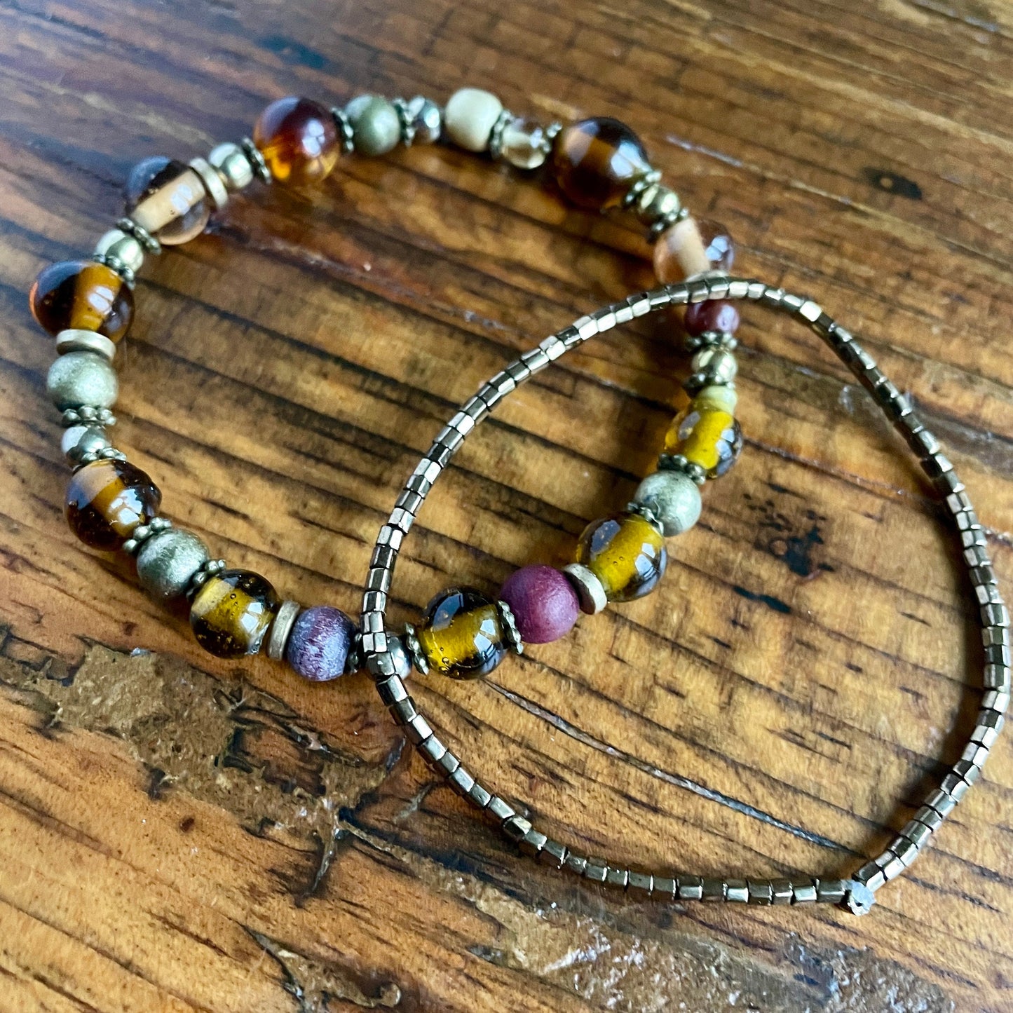 Bronze, brown & gold glass beaded stacking elasticated boho bracelet set.  One of a kind.