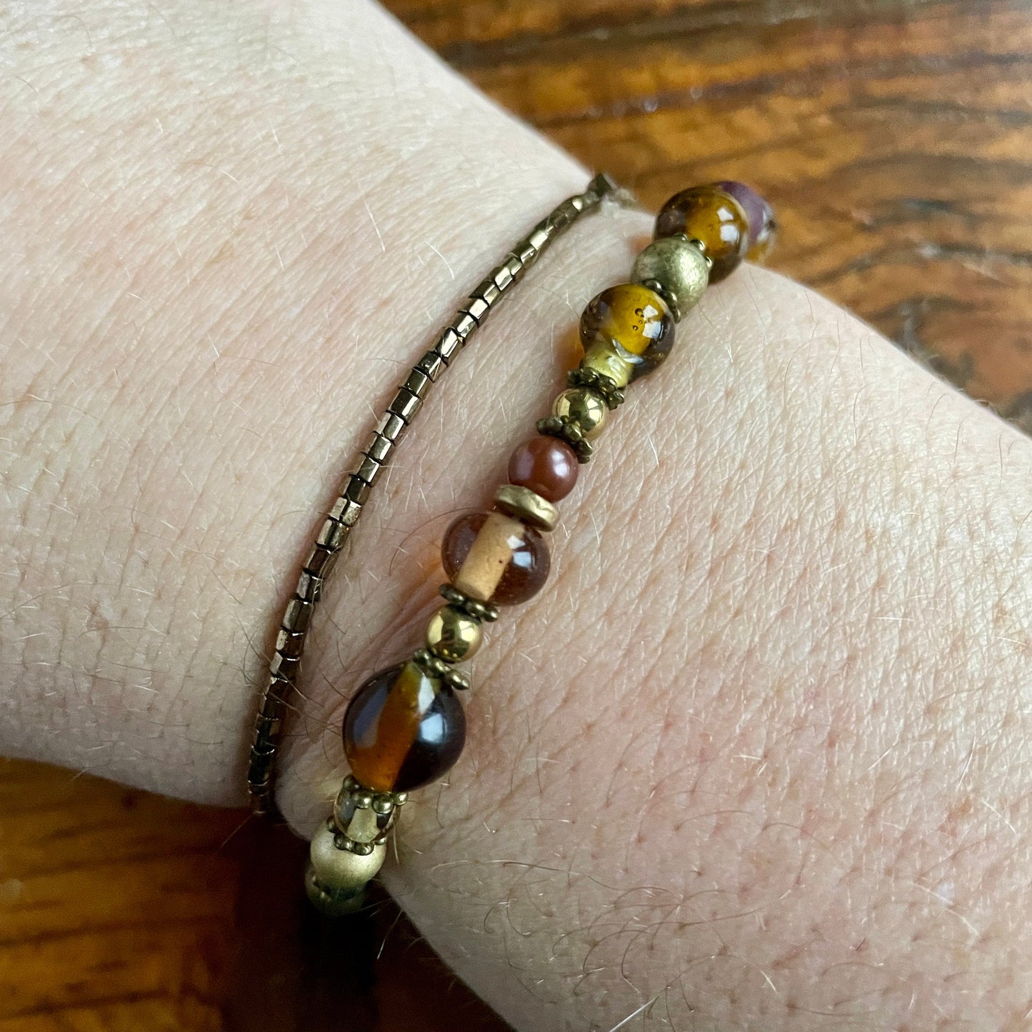 Bronze, brown & gold glass beaded stacking elasticated boho bracelet set.  One of a kind.