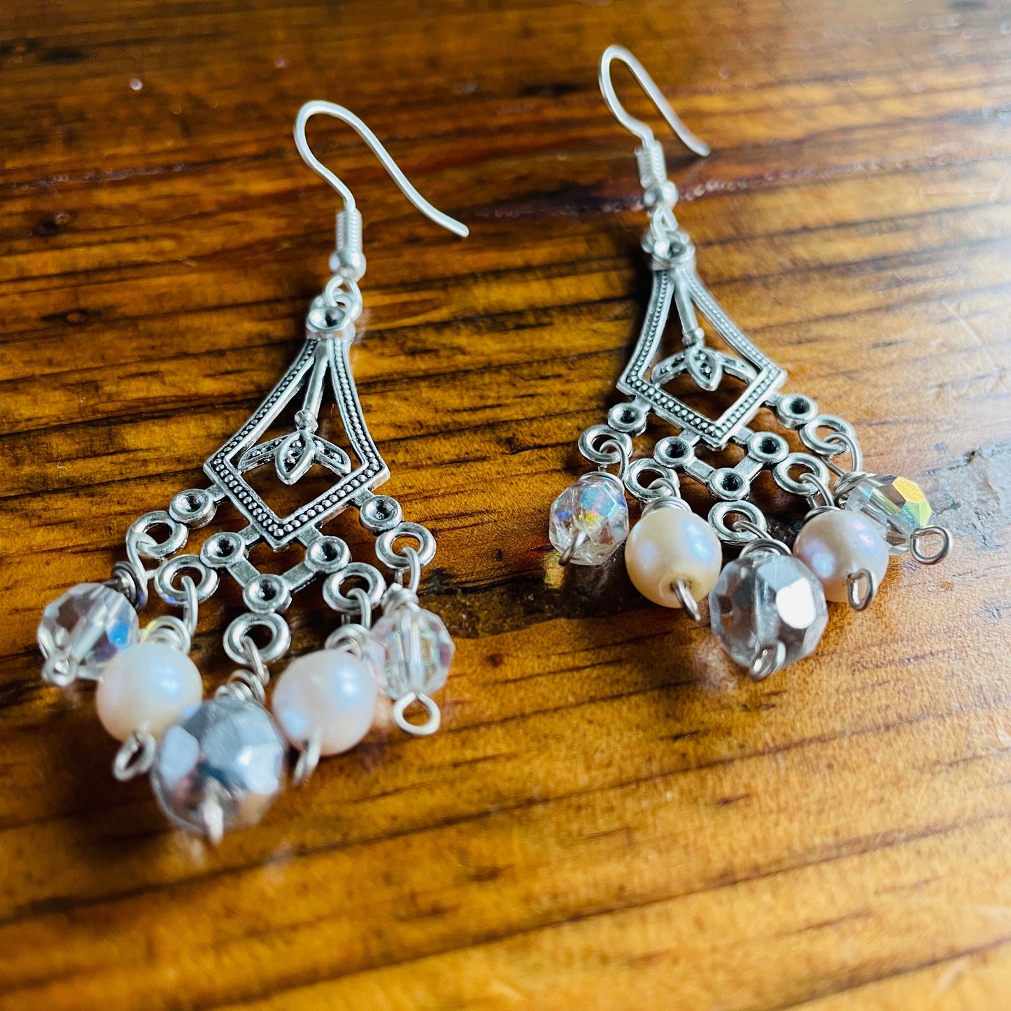 Beaded ivory freshwater pearl & crystal chandelier pierced earrings.  One of a kind.