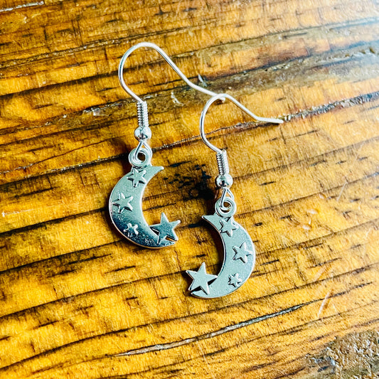 Moon charm pierced hypoallergenic earrings