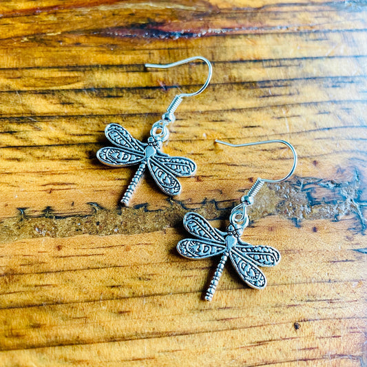 Dragonfly shaped charm pierced hypoallergenic earrings