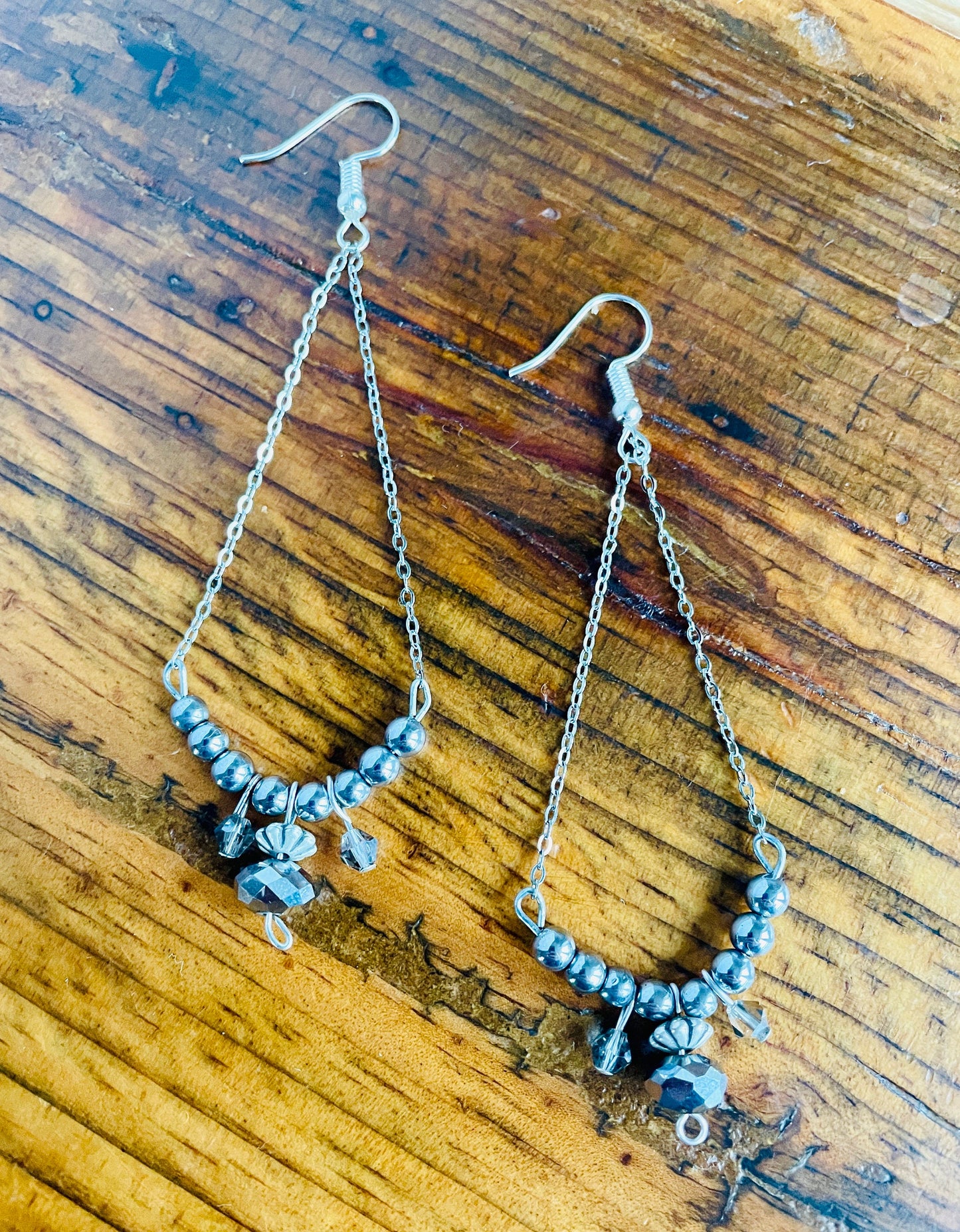 Beaded grey chrome chandelier earrings.  One of a kind.