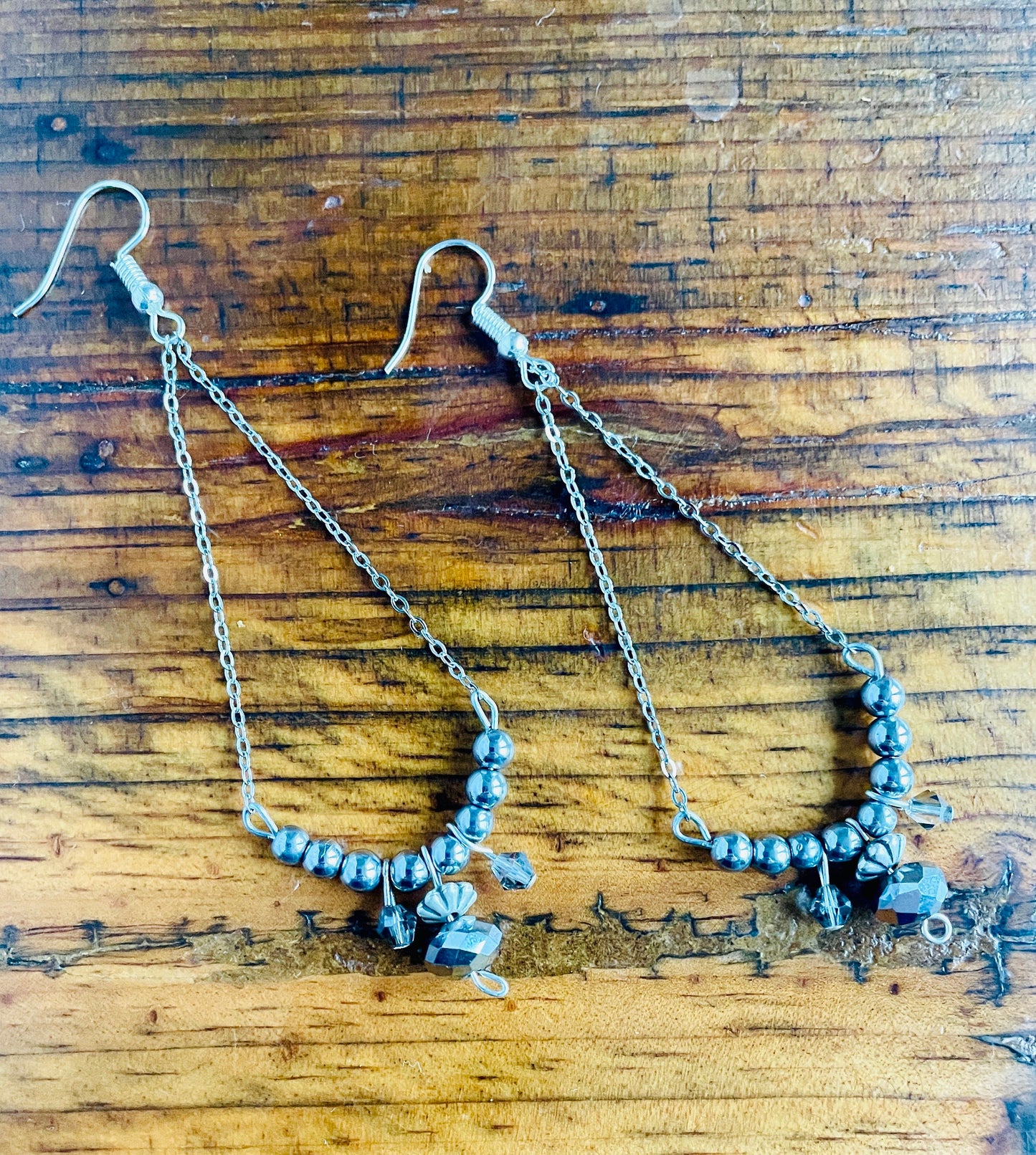 Beaded grey chrome chandelier earrings.  One of a kind.