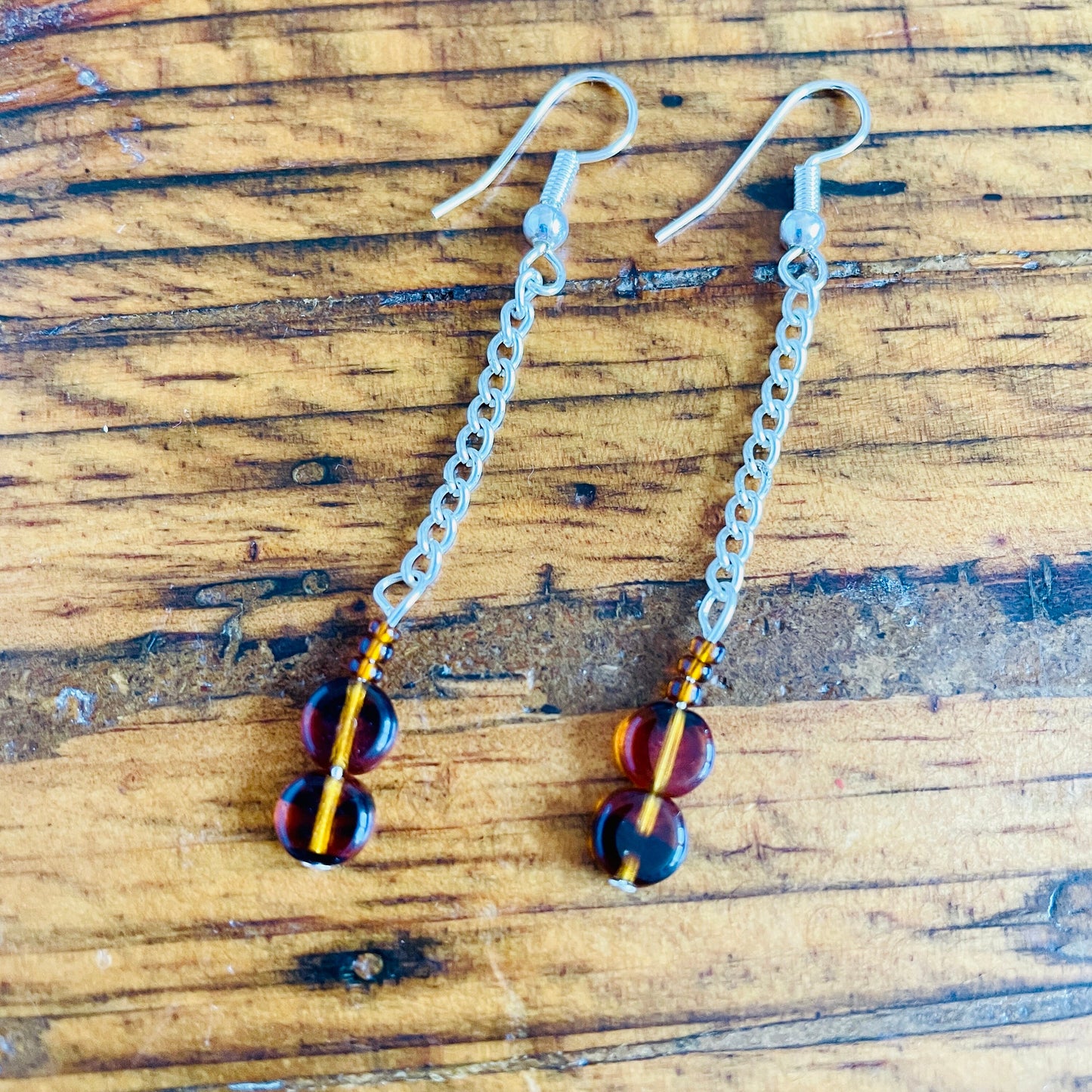 Beaded brown drop dangle silver plated earrings