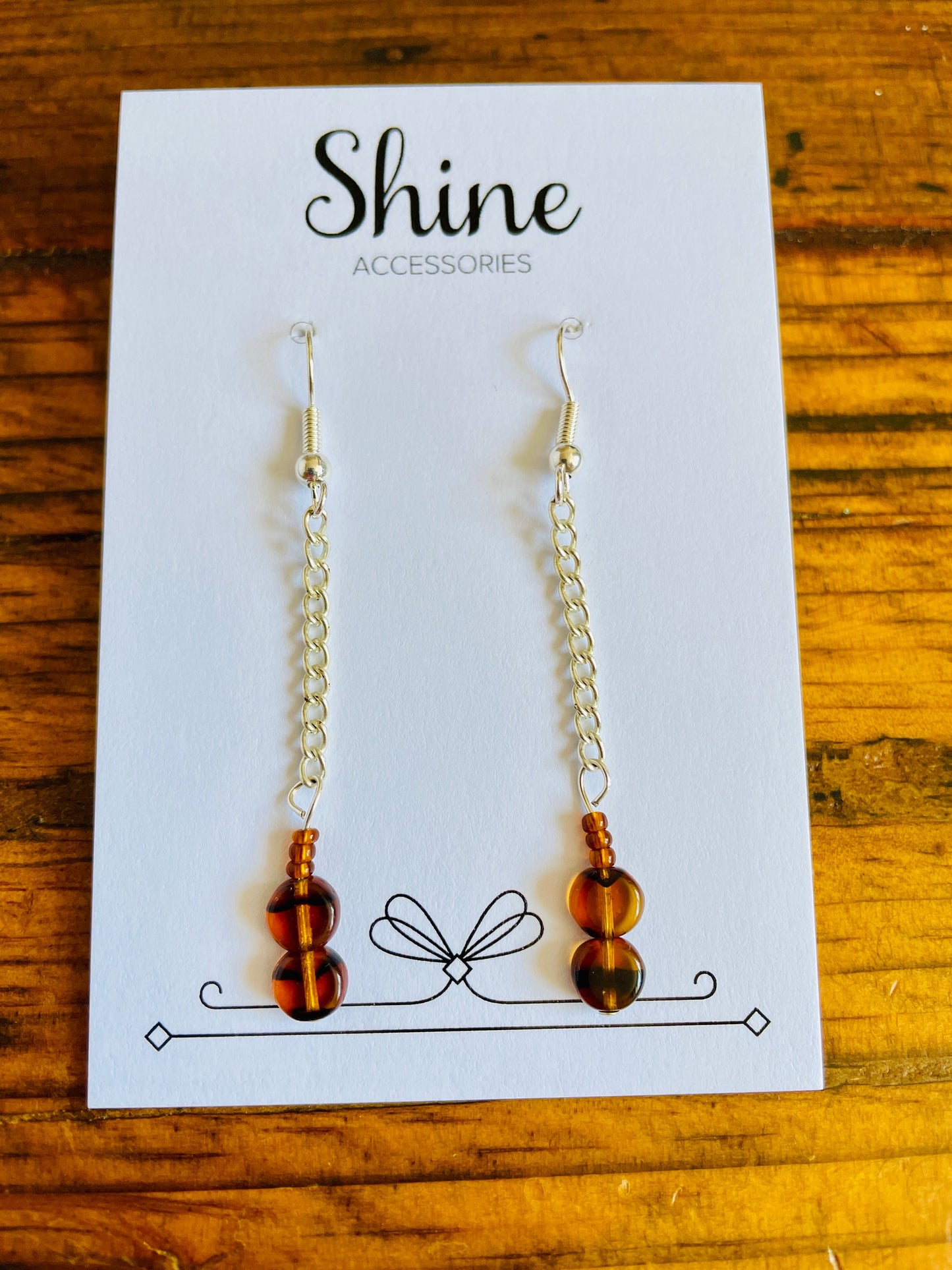 Beaded brown drop dangle silver plated earrings