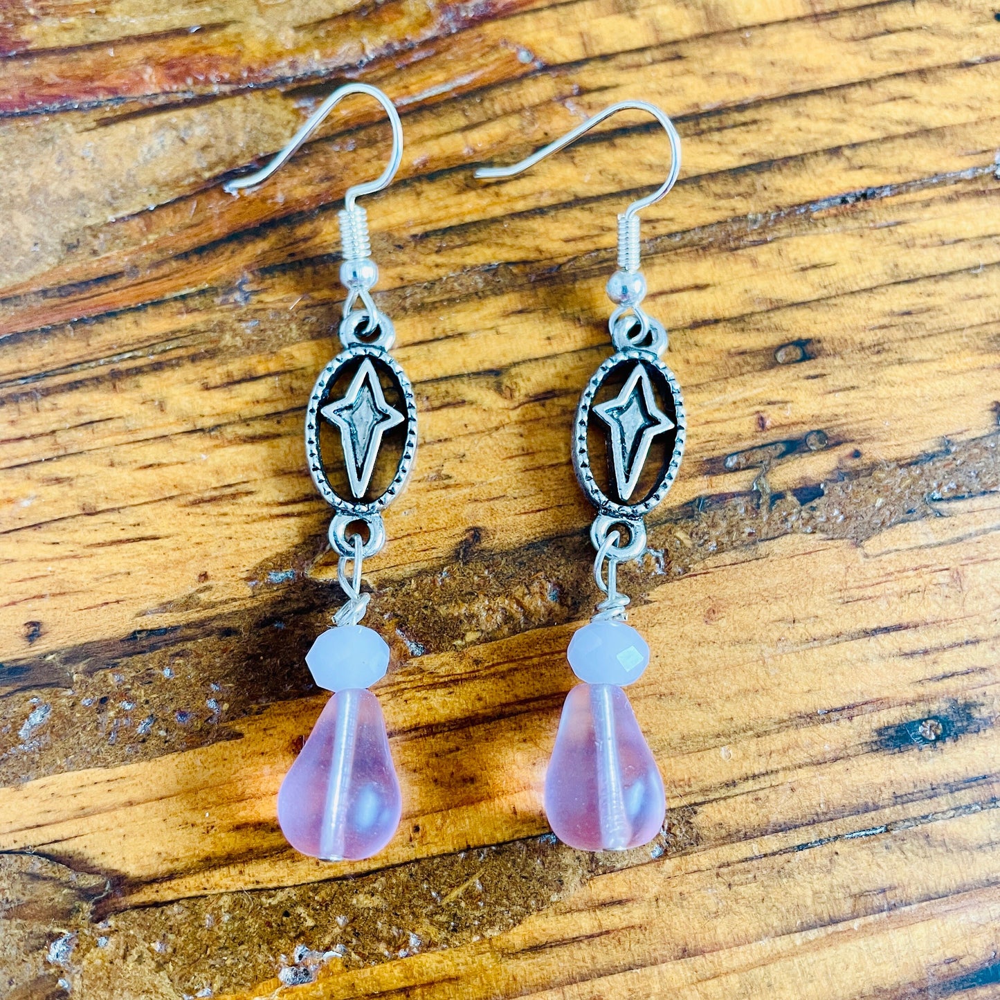 Pink & Lilac charm and bead drop earrings.