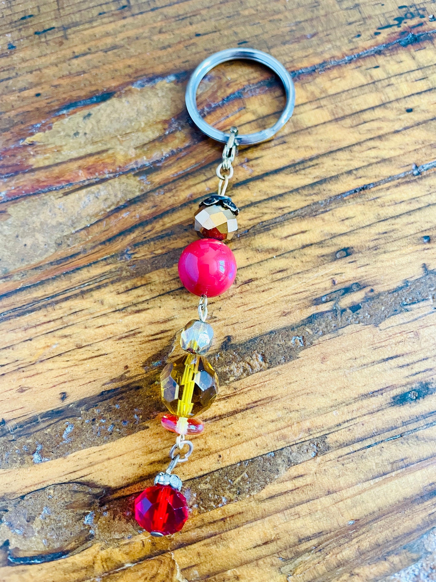 Bronze, red & golden beads keyring beaded bag charm.