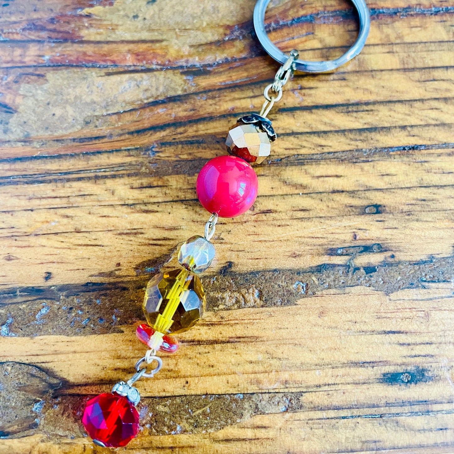 Bronze, red & golden beads keyring beaded bag charm.